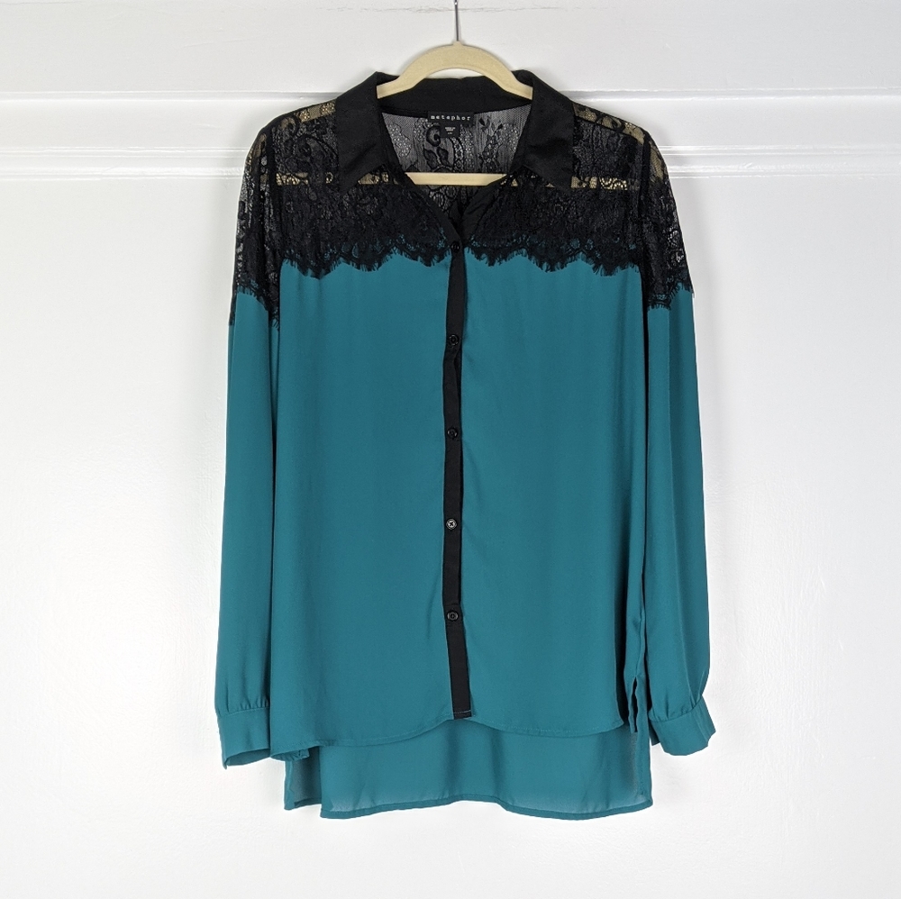 Metaphor Button Down Lace Teal Long Sleeve Top